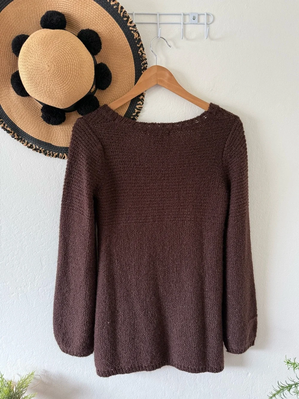 Raisey Brown Wool Blend Cable Knit Babydoll Sweater Shimmer Size Large Y2K Fall